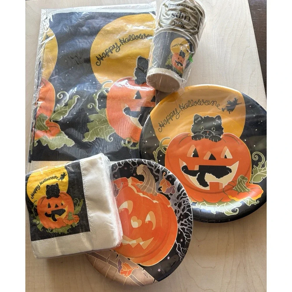 Vtg Halloween Party LOT of 5 CA Reed Black Kitten JOL Plates Tablecloth Cups